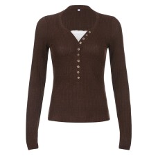 Brown Knitted Splicing Lace Slim Fit Top
