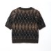 Round neck short sleeved diamond patterned knitted sweater for women