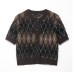 Round neck short sleeved diamond patterned knitted sweater for women