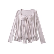 Twisted pleated ribbon strapless top for women+long sleeved cardigan jacket two-piece set