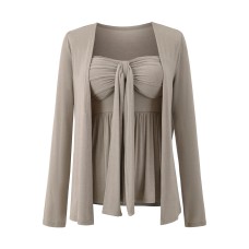 Twisted pleated ribbon strapless top for women+long sleeved cardigan jacket two-piece set