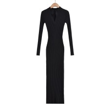 V-neck pit stripe knitted long sleeved dress