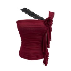 Irregular sloping shoulder lace patchwork ruffle edge mesh pleated sling