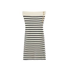 Striped strapless hip hugging short skirt knitted off shoulder dress for women