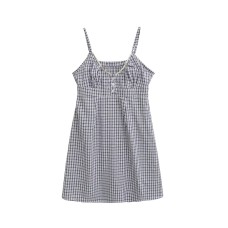 Grid V-neck lace camisole dress short skirt for women