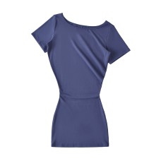 Slanted collar off shoulder waist cinched pleated short sleeved dress with hip hugging design