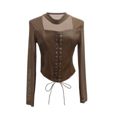 Hanging neck square neck mesh long sleeved base top Hanging neck square neck mesh long sleeved base top