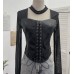 Hanging neck square neck mesh long sleeved base top