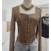 Hanging neck square neck mesh long sleeved base top