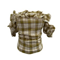 Irregular plaid ruffle edge one shoulder elastic waistband top