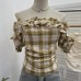 Irregular plaid ruffle edge one shoulder elastic waistband top