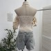 Irregular plaid ruffle edge one shoulder elastic waistband top
