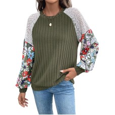 Round neck flower pattern color blocked top for women