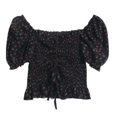 One shoulder bubble sleeve floral black fungus border top