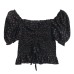 One shoulder bubble sleeve floral black fungus border top