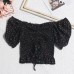 One shoulder bubble sleeve floral black fungus border top