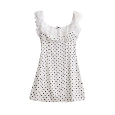 Lace-spliced polka dot floral-print camisole dress Lace-spliced polka dot floral-print camisole dress