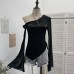 Slanted shoulder mesh top with flared sleeves and drawstring top
