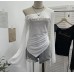 Slanted shoulder mesh top with flared sleeves and drawstring top