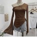 Slanted shoulder mesh top with flared sleeves and drawstring top