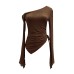 Slanted shoulder mesh top with flared sleeves and drawstring top