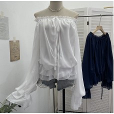 One shoulder lace up long sleeved ruffle edge loose top