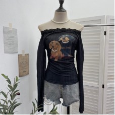 One shoulder printed lace patchwork long sleeved top