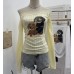 One shoulder printed lace patchwork long sleeved top