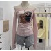 One shoulder printed lace patchwork long sleeved top