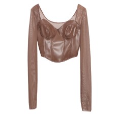 PU leather splicing mesh square neck long sleeved top