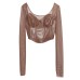 PU leather splicing mesh square neck long sleeved top