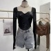 PU leather splicing mesh square neck long sleeved top