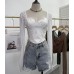 PU leather splicing mesh square neck long sleeved top