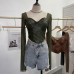 PU leather splicing mesh square neck long sleeved top