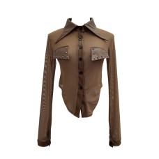 Hot stamping splicing PU leather long sleeved short slim fit top Hot stamping splicing PU leather long sleeved short slim fit top