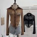 Hot stamping splicing PU leather long sleeved short slim fit top