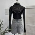 Hot stamping splicing PU leather long sleeved short slim fit top