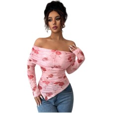 One collar slim fit pleated edge irregular printed top