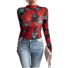 Women's rose print long sleeved small stand collar