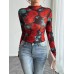 Women's rose print long sleeved small stand collar