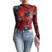 Women's rose print long sleeved small stand collar