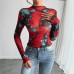 Women's rose print long sleeved small stand collar