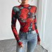 Women's rose print long sleeved small stand collar