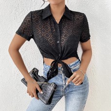 Solid color hem slit short sleeved top
