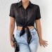 Solid color hem slit short sleeved top