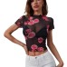 Flower print fungus edge T-shirt top for women