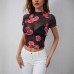 Flower print fungus edge T-shirt top for women