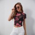Flower print fungus edge T-shirt top for women