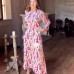 V-neck solid color long sleeved loose handmade diamond studded dress
