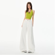 High-Waisted White Loose Wide-Leg Pants Summer Versatile Drapey Floor-Length Jeans